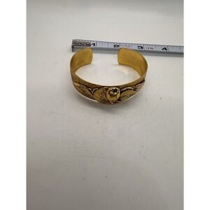 Vintage Gold Tone Brass Cuff Bracelet Leaf & Pear Motif Wide Adjustable